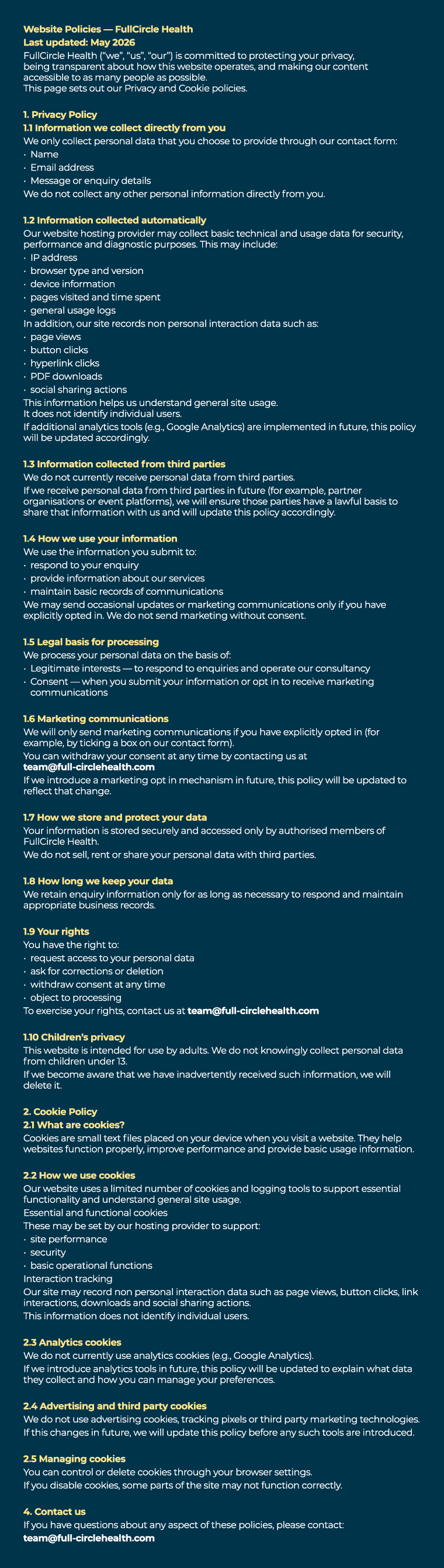 Website Policies — FullCircle Health Last updated: May 2026 FullCircle Health (“we”, “us”, “our”) is committed to pro...
