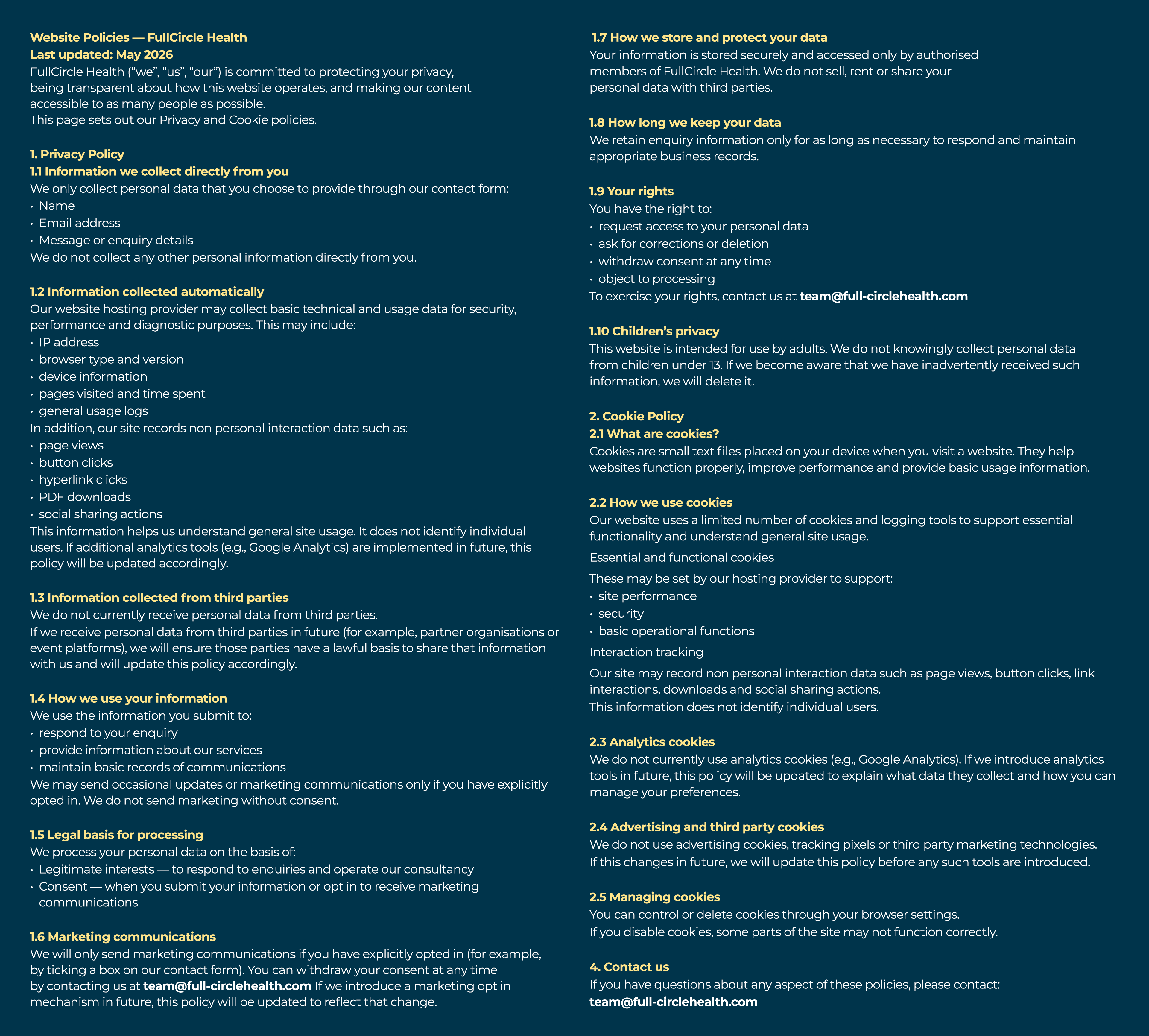 Website Policies — FullCircle Health Last updated: May 2026 FullCircle Health (“we”, “us”, “our”) is committed to pro...